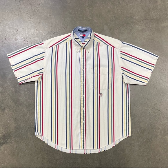 Vintage Tommy Hilfiger Multi Stripe 90s Y2K Button Down Short Sleeve Shirt - Picture 1 of 9